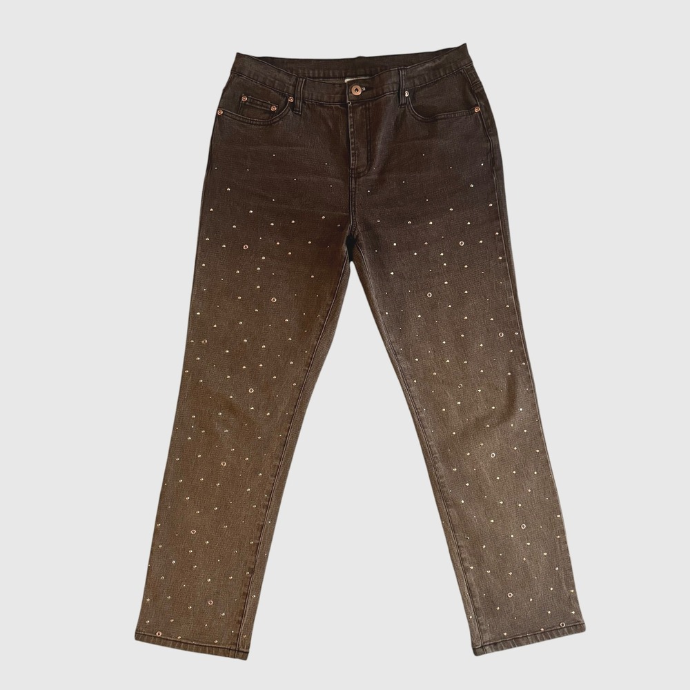 DG2 Diane Gilman VTG 10P Brown Studded Ombre Straight Jeans Y2K Indie Statement